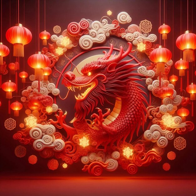 Chinese new year celebration background with dragon and lamps Ai generated