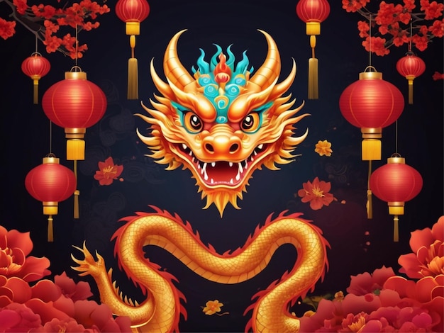 Chinese new year celebration background with dragon and lamps Ai generated