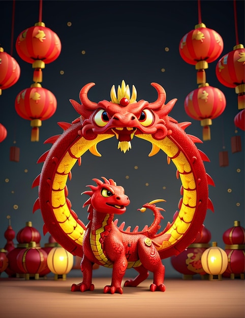 Chinese new year celebration background with dragon and lamps Ai generated