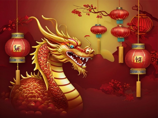 中国の新年祝賀 ドラゴンとランプの背景 アイが生み出した