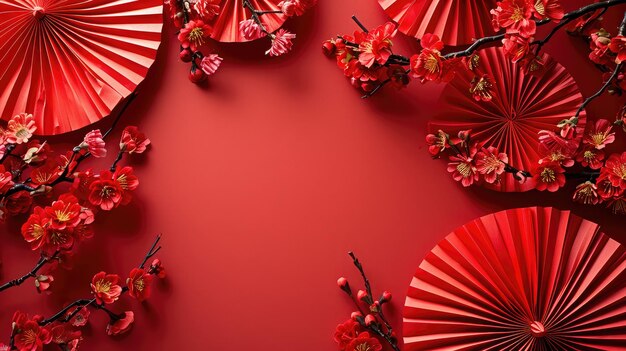 写真 中国の旧正月のお祝いの背景に赤い紙のファン、花、アジアの伝統的な文化の装飾、空スペースの装飾の背景のアイデア