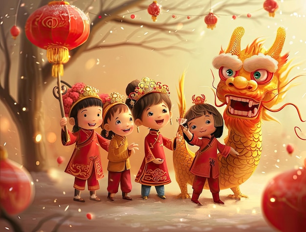 chinese new year celebration greeting card with chinese people kids and dragon dance