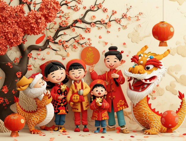 chinese new year celebration greeting card with chinese people kids and dragon dance