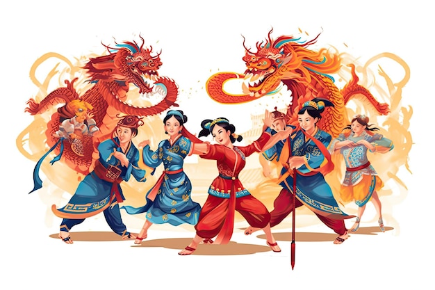 chinese new year celebration greeting card with chinese people kids and dragon dance