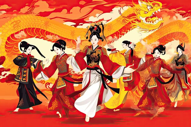 chinese new year celebration greeting card with chinese people kids and dragon dance