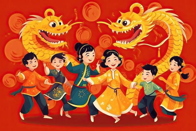 chinese new year celebration greeting card with chinese people kids and dragon dance