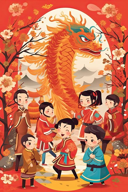 chinese new year celebration greeting card with chinese people kids and dragon dance