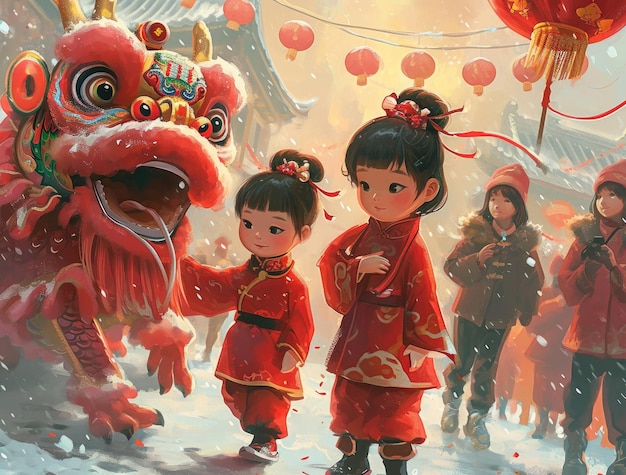 chinese new year celebration greeting card with chinese people kids and dragon dance