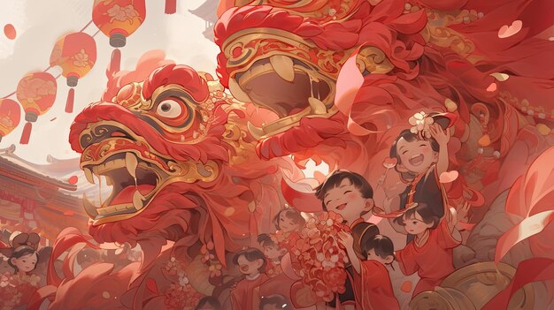 chinese new year celebration greeting card with chinese people kids and dragon dance