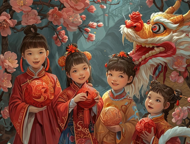Китайское празднование Нового года поздравительная карточка с китайцами детьми и танцем дракона