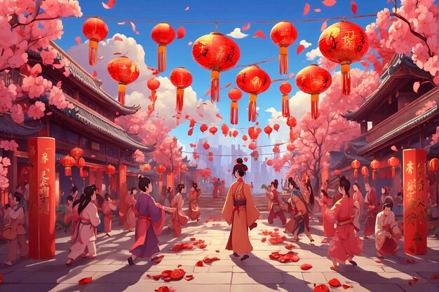 Chinese new year celebration scene in anime style