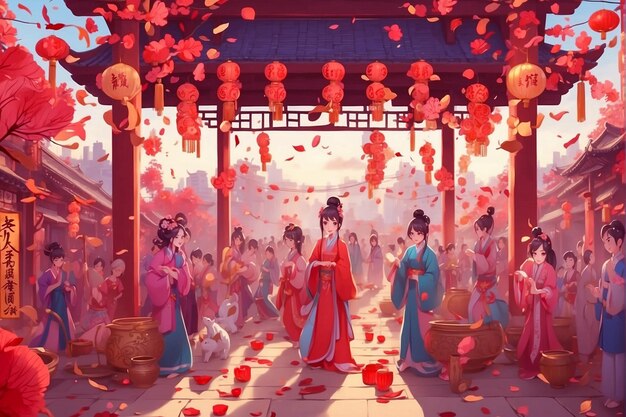 Photo chinese new year celebration scene in anime style