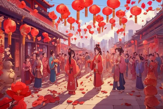 Chinese new year celebration scene in anime style