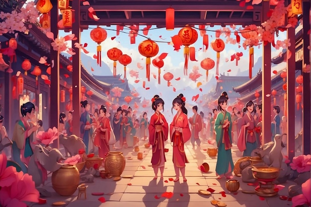 Chinese new year celebration scene in anime style