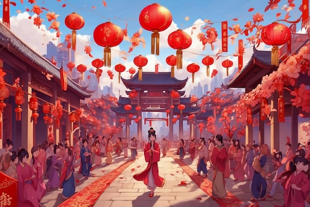 Chinese new year celebration scene in anime style