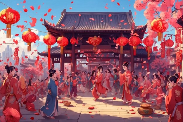 사진 애니메이션 스타일의 중국 신년 축제 장면