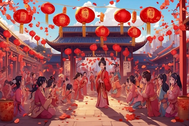 写真 アニメスタイルの中国新年祝いのシーン