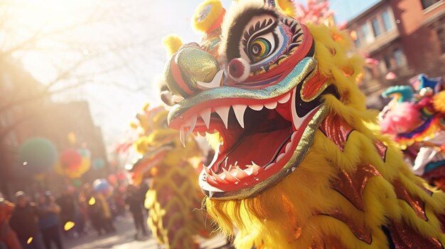 Chinese New Year Celebration Vibrant Dragon Dance in Traditional Parade