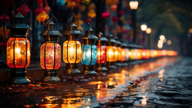 Китайское празднование Нового года с фонарями с мерцающим светом ночью
