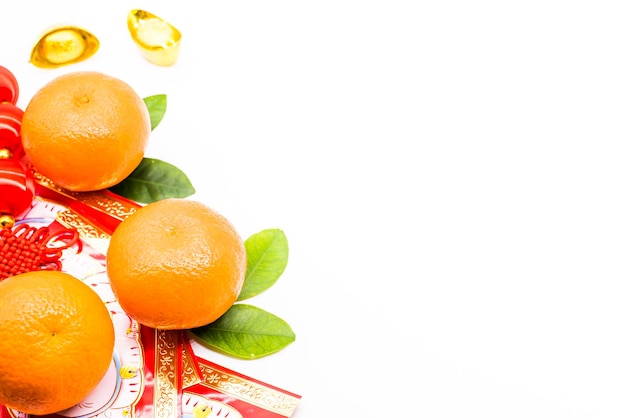 Chinese New Year, Chinese gold ingots and Traditional chinese style (Foreign text means blessing and luckly), isolated on white background