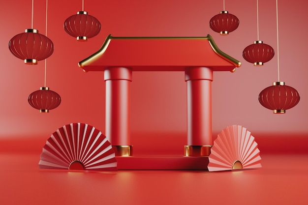 Chinese new year composition with gates lanterns and fans 3d render