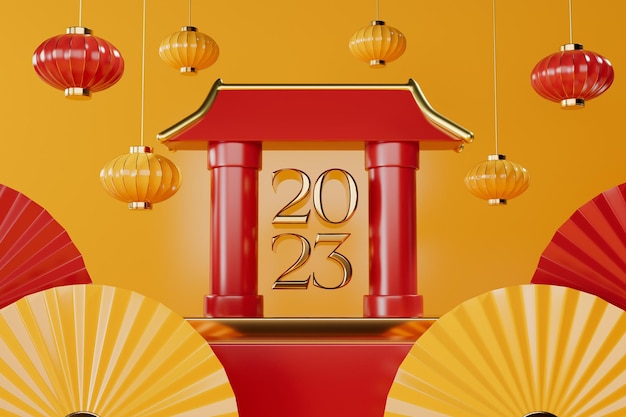 Chinese new year composition with gates lanterns and fans 3d render