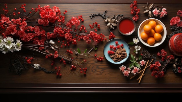 中国の新年コンセプト 木製のテーブル 新年明けましておめでとうございます