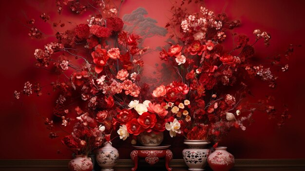 A chinese new year decorated garden with flowers and hanging lanterns