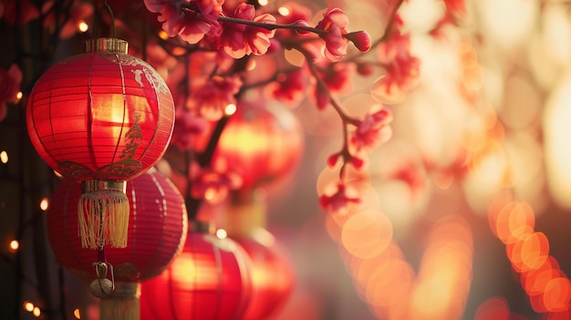 中国の新年装飾赤い背景の金色のライオンと桜の花