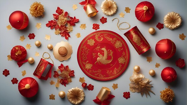 Chinese New Year decoration with gold ingots and red envelopes on blue background