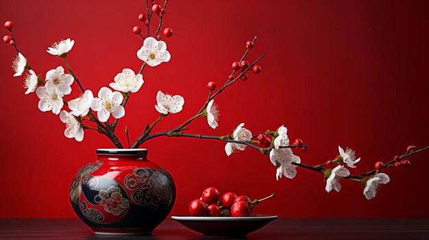 Photo a chinese new year decoration with pot and flowers on a red background