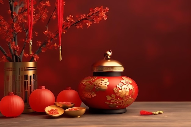 전통적인 랜턴이나 사쿠라 꽃으로 중국 신년 장식 달 신년 개념
