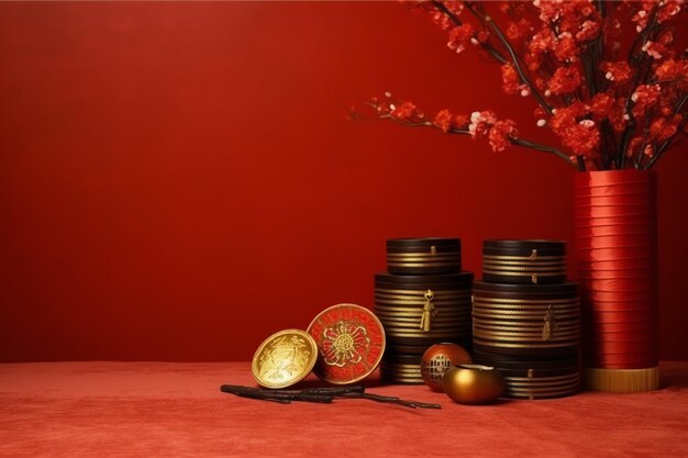Chinese new year decoration with traditional lanterns or sakura flowers Lunar new year concept
