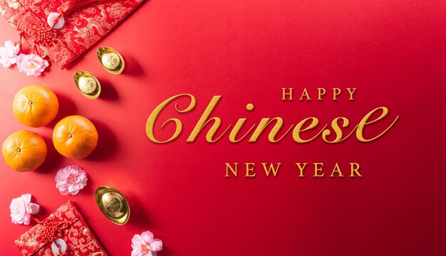 사진 중국의 새해 장식품은 빨간색 패키지 오렌지와 금 블로그 또는 빨간색 배경에 황금  ⁇ 어리로 만들어져 있습니다. 기사에서 중국 문자 fu는 행운, 행운, 부, 돈 흐름을 나타 ⁇ 니다.