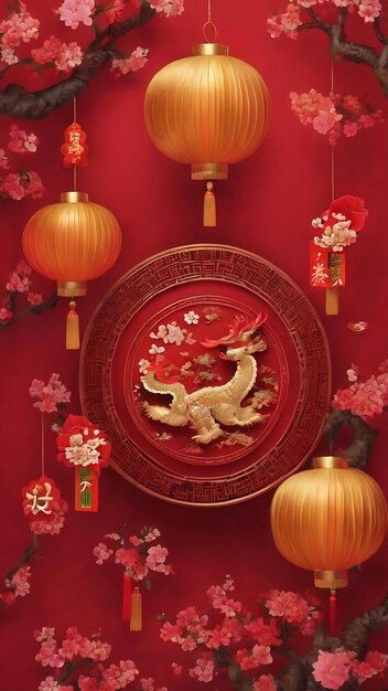 Chinese new year decorations on a red background