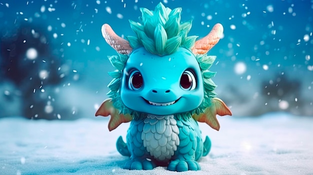 雪の背景に漫画の 3 d ドラゴンとドラゴンの旧正月 2024 新年ポスター