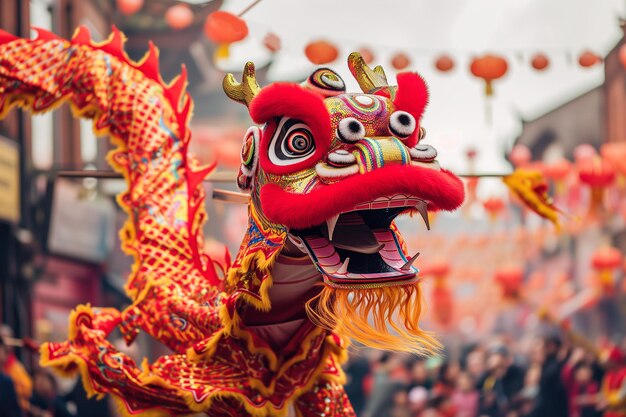 Chinese New Year Dragon Dance festival in Chinatown street with parade