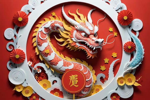 Photo chinese new year of the dragon decoration to a door at horizontal composition style paper cut