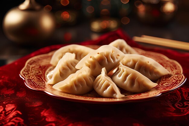 Chinese new year dumplings on chinese pattern plate