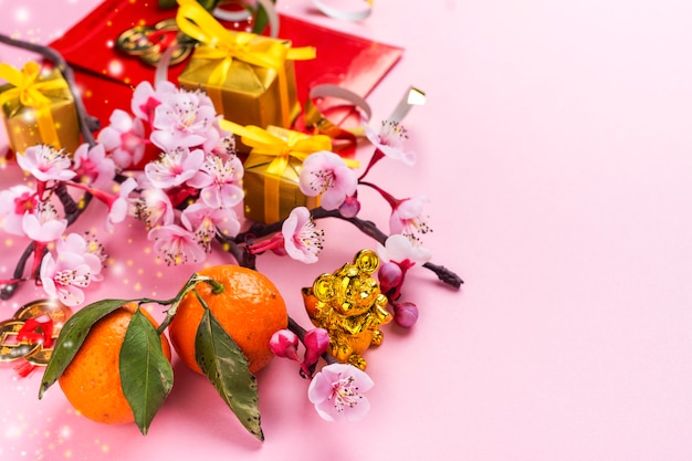 Элементы китайского нового года на розовом