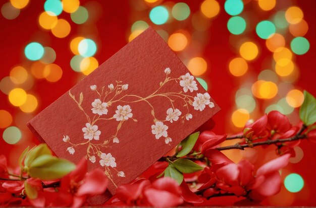 Chinese new year festival decorations ang pow or red packet and plum flower colorful bokeh