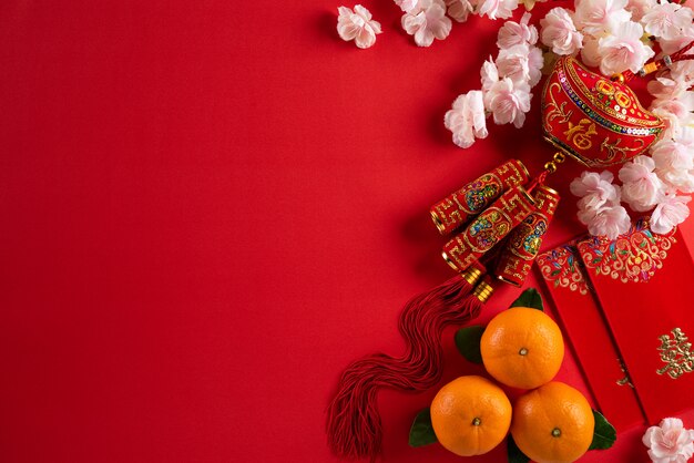 Chinese new year festival decorations on a red background.