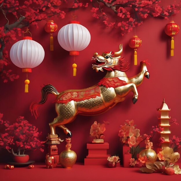 Chinese new year festival decorations on a red background