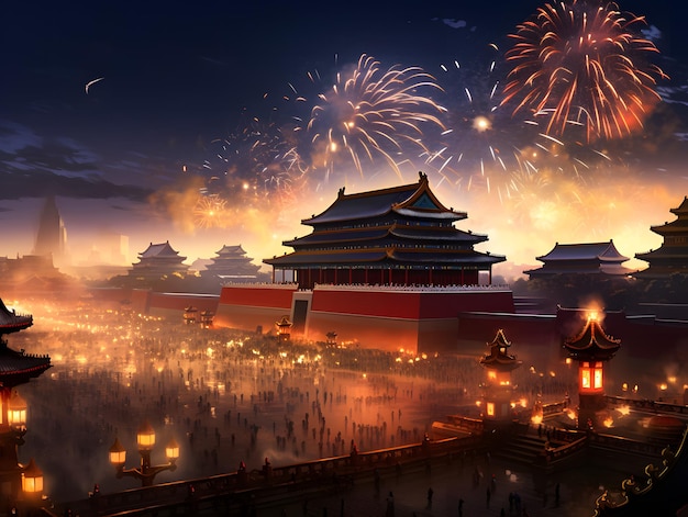 Chinese New Year festival and Fireworks over the Forbidden City in Beijing China