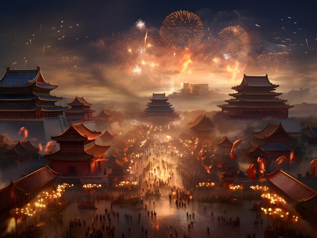 Chinese New Year festival and Fireworks over the Forbidden City in Beijing China