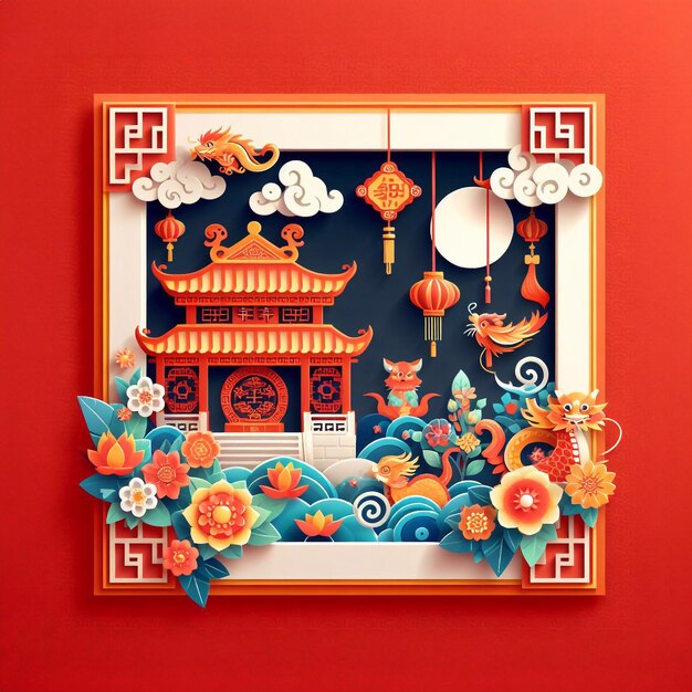 Chinese new year festival illustration paper art paper cut background cute style generative ai art