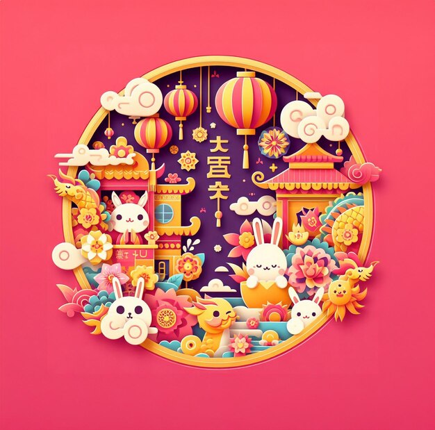 Chinese new year festival illustration paper art paper cut background cute style generative ai art