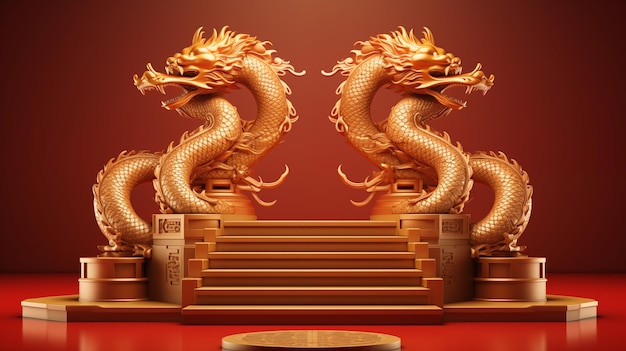 Photo chinese new year and golden dragon year podium