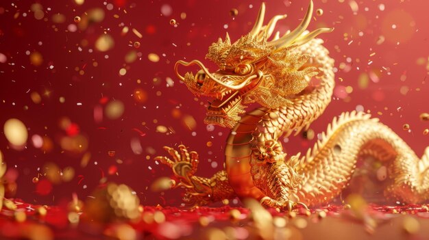 Photo chinese new year greeting card with dragon tangling around 2024 on red background decorated with gold confetti and confetti text dragon brings prosperity