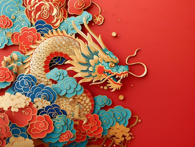 Chinese New Year greeting cards with paper cut style Dragon with clouds on red background